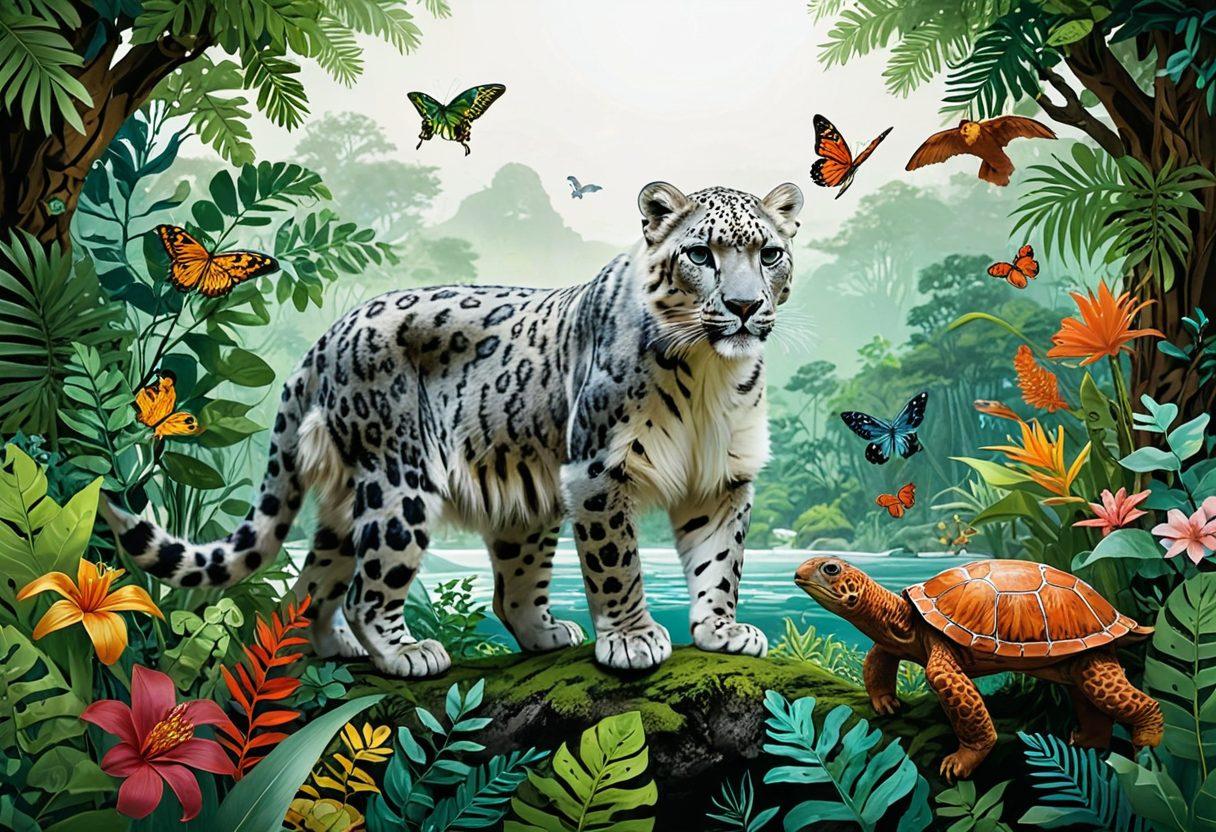 A captivating illustration of a diverse array of endangered wildlife, including a snow leopard, orangutan, and sea turtle, set against a backdrop of lush, vibrant ecosystems. Incorporate elements like a globe to symbolize global conservation efforts, with notes of red highlighting the endangered species. The scene should evoke a sense of urgency and beauty, showcasing the importance of biodiversity protection. Include dynamic, flowing lines that connect the animals to various habitats. super-realistic. vibrant colors. white background.