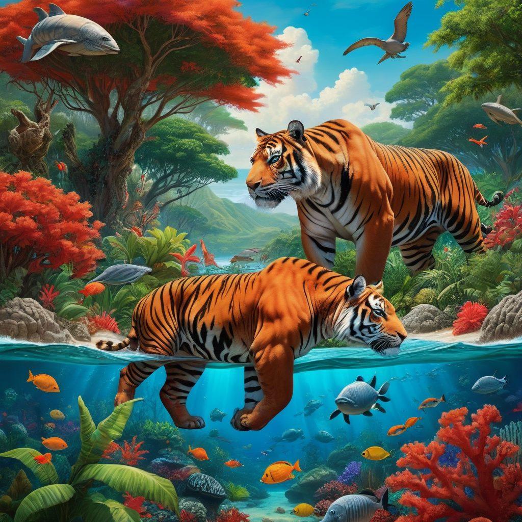 A striking visual of endangered wildlife species including a tiger, rhino, and sea turtle, set against a backdrop of a lush forest and coral reef, symbolizing the urgent need for conservation. Include a prominent Red List emblem in the foreground, with lush greenery and marine life beautifully intertwining. The image should convey a sense of hope and urgency, highlighting the connection between awareness and action. super-realistic. vibrant colors.