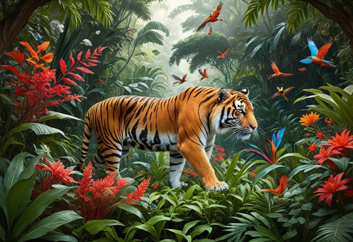 A lush, vibrant jungle scene showcasing a variety of endangered species including a majestic tiger, colorful birds, and unique plant life, all enclosed within a protective digital shield symbolizing the Red List. In the background, a globe made of intertwined flora highlights the importance of global biodiversity, while a faint warning sign reads 'At Risk'. super-realistic. vibrant colors. 3D.